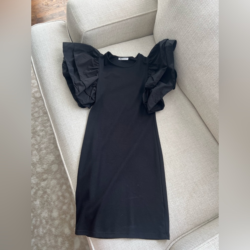 Zara Black Mini Dress with Puff Sleeves
